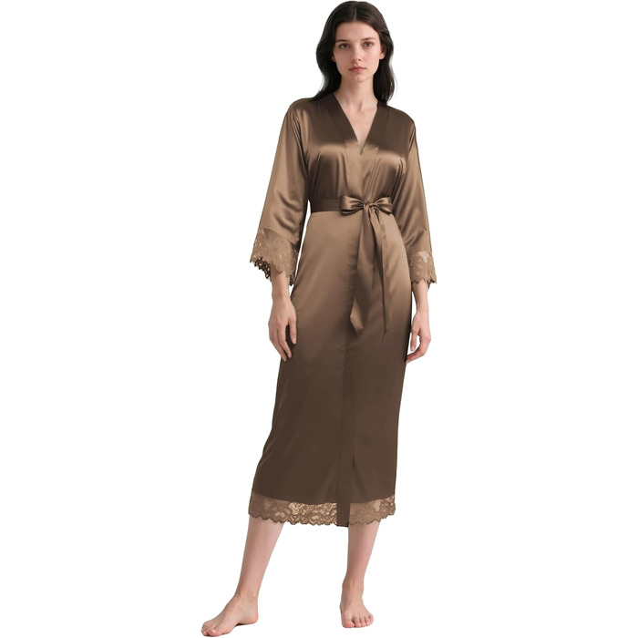 Халат жіночий BABEYOND довгий/короткий, однотонний, мереживний, атласний, шовковий, кімоно, літній, кава
