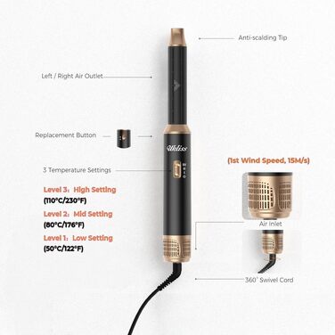 Мультистайлер для волосся 5 в 1 UKLISS Airstyler: фен, вирівнювач, круглі щітки та локони, чорний/золотий