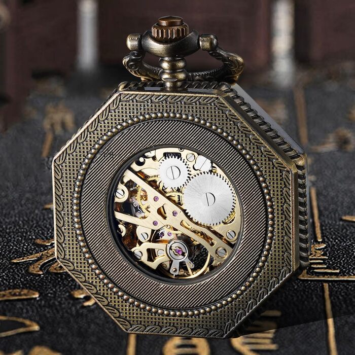 Чоловічий кишеньковий механічний годинник BOSHIYA Vintage Steampunk: скелетон, підсвічування, ручний завод, бронзовий колір (гексагональний корпус)