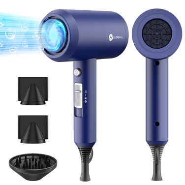 Іонний фен для волосся Slopehill 1800W з AC-мотором, набір з дифузором та стилізуючою насадкою, 3 температурних та 2 режими обдуву, для дому та подорожей (Темно-синій)