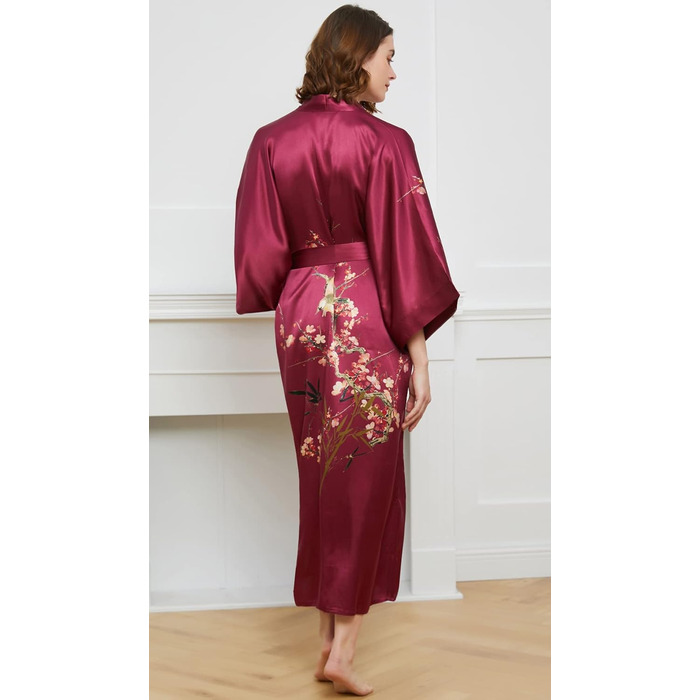 Шовковий халат-кімоно Ledamon для жінок, довгий, 100% шовк, класичний квітковий халат, нічна сорочка, універсальний розмір, бордовий