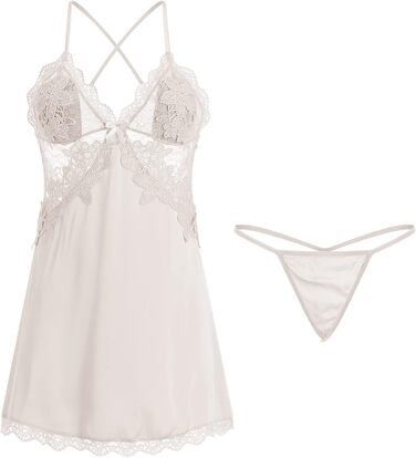 SRZYMJ: Сексуальна нічна сорочка-комбінезон з мереживом для жінок - прозора мереживна піжама, спідниця-танга, домашній одяг (XL, білий)