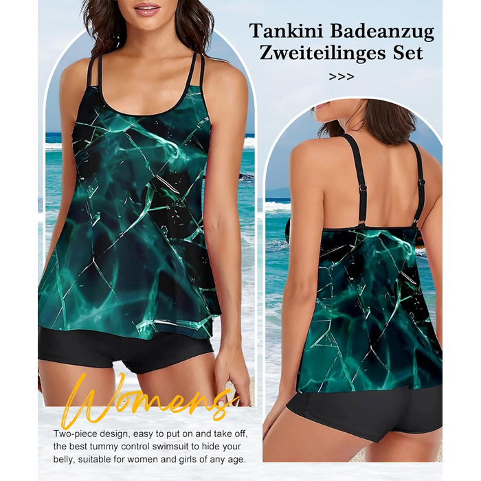 Tankini жіночий купальник з шортами, комплект двочастинний, літній, великий розмір (XL, чорно-зелений)