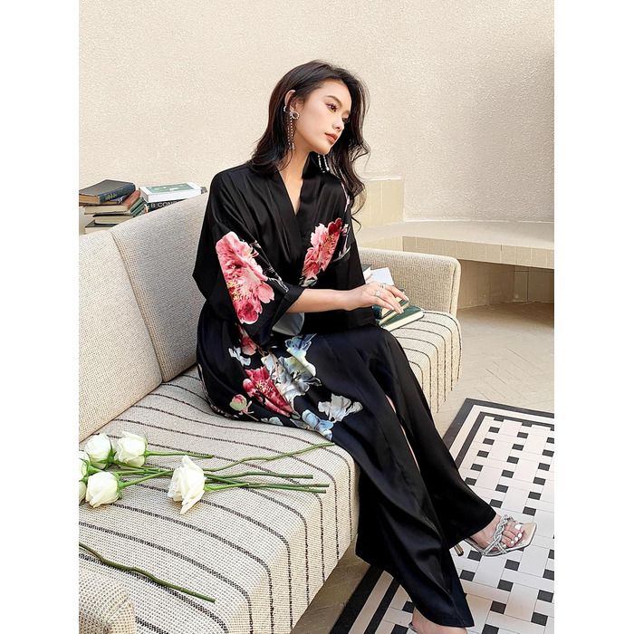 Чоловічий халат-кімоно з довгим рукавом з атласу, квітковий принт, чорний - Піон