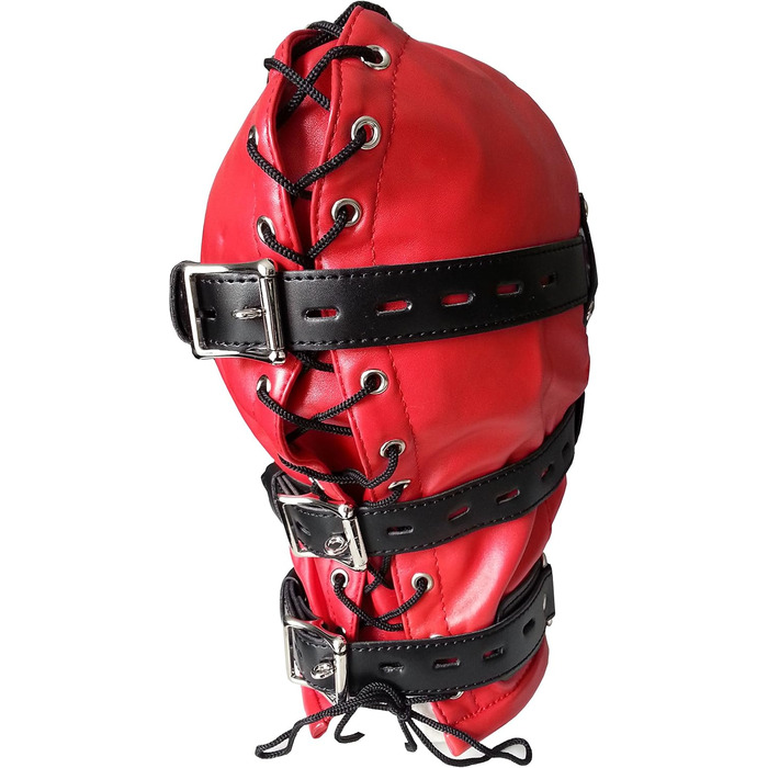 Маска для голови Tula-Toys Bondage з шкіри (BDSM, еротика) червоно-чорна з вуздечкою для рота та пов'язкою на очі