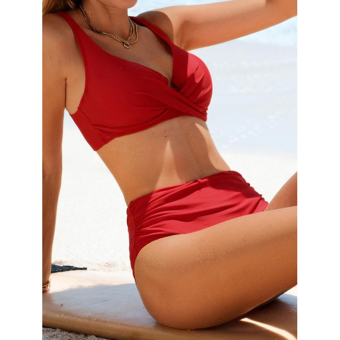 CUPSHE Бікіні жіночий комплект: зав'язування, перехрещення, пуш-ап, висока талія, двочастинний купальник, червоний, розмір XL
