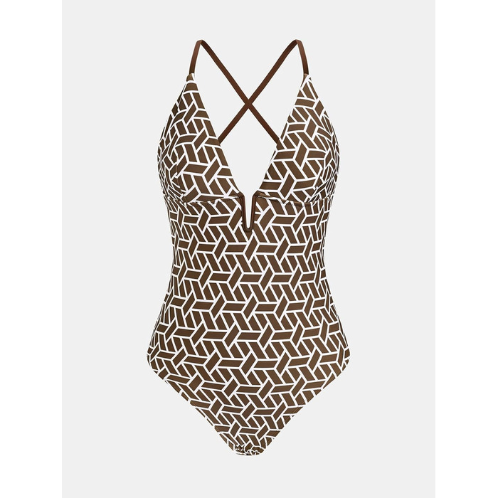 Купальник CUPSHE з V-подібним вирізом, глибоким вирізом на спині, фігурно виткий, одноцільний, колір: коричневий, принт: геометрія