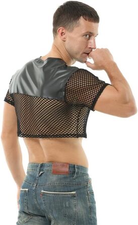 Чоловіча футболка з сітки та штучної шкіри - прозора, стильна