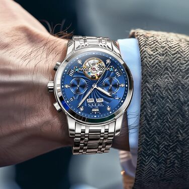 Чоловічий наручний годинник OLEVS Chronograph зі шкіряним ремінцем, японський кварцовий механізм, водонепроникний, класичний елегантний дизайн з датою (7088 Срібло/Синій)