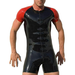 Чоловічий латексний комбінезон Enger Catsuit з короткими рукавами та шортами, чорно-червоний, фетиш-стиль, комбінезон-боді, молнія спереду, X-Small, Plus Size