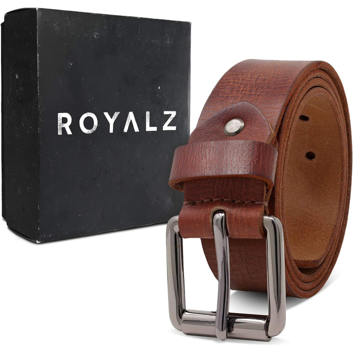 Шкіряний чоловічий ремінь ROYALZ 'Richmond' з буйволячої шкіри 4мм, вінтажний ремінь для джинсів з пряжкою, колір коньячний коричневий, ширина 38 мм, довжина 110 см