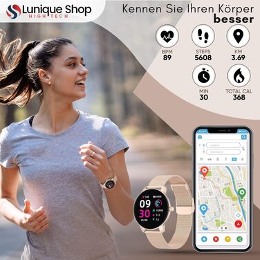 Смарт-годинник LSFIT для жінок круглий Rosegold: фітнес-трекер з вимірюванням кров'яного тиску, крокоміром та моніторингом сну, сумісний з Android та iOS
