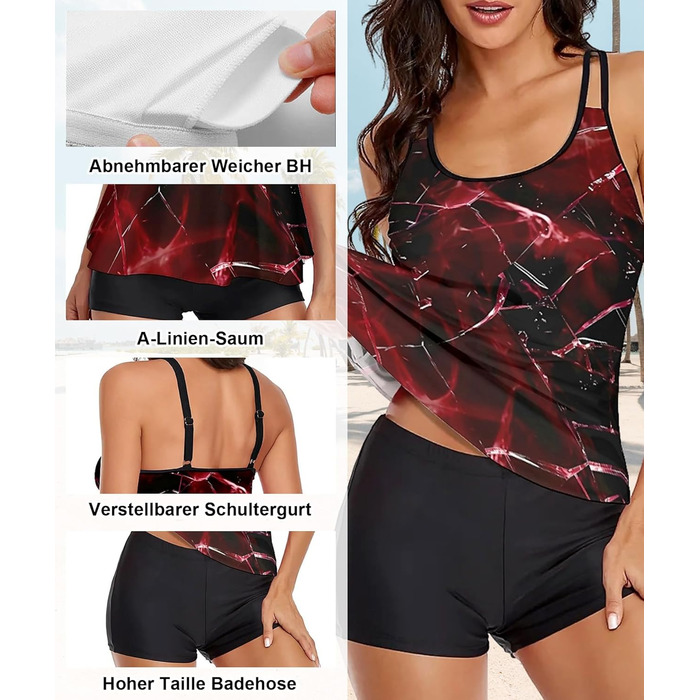 Танкіні жіночий купальник з шортами, комплект з двох частин, літній, чорний, червоний (S)