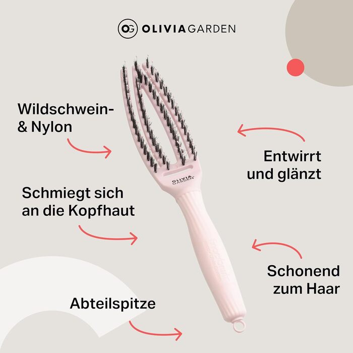 Щосмічна щітка для волосся Olivia Garden Fingerbrush Care Iconic з щетиною кабана та нейлоном для блиску та гладкого стайлінгу, рожева, розмір S