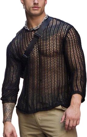 Чоловіча футболка Evankin з мереживом, довгим рукавом, прозора, в'язаний пуловер, чорна XL