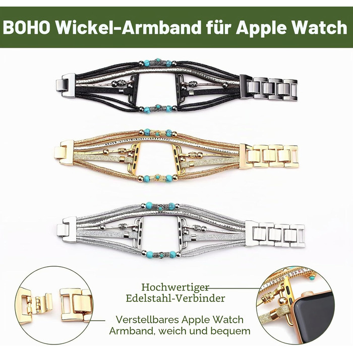 Шкіряний браслет Boho для Apple Watch — багатошаровий ремінець для iWatch Series 11 10 9 8 7 6 5 4 3 2 1 SE Ultra 1 2 3, чорний, 42/44/45/46/49мм