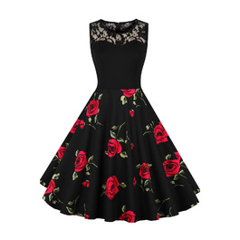 Сукня жіноча вінтажна в стилі рокабілі 50-60-х років, квіткова з мереживом, без рукавів, святкова, елегантна для повних жінок, весілля XL, колір 1b