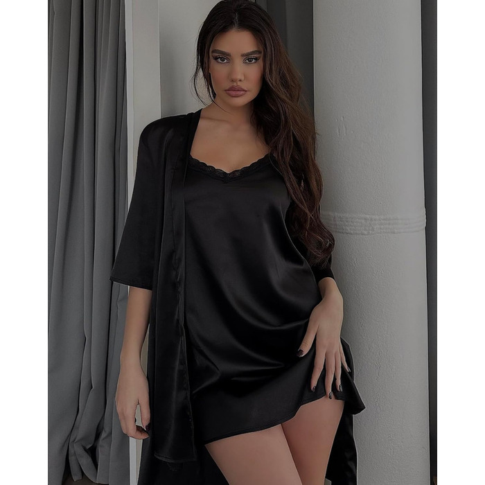 Світшот жіночий Ekouaer з нічною сорочкою, комплект з двох частин, атласний, сексуальний, для дому, вечірній, чорний (03-чорний, M)