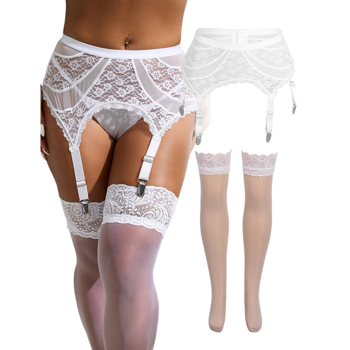 Сексуальні панчохи з ремінним поясом, мереживні панчохи та стрінги, комплект нижньої білизни для пишних форм, 20 DEN, великі розміри, широкий стрінг, набір у коробці (XL-XXL, білий)