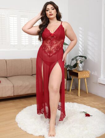 Ідеальна нічна сорочка IBAKOM Dessous з мереживом, V-подібний виріз, нічна сорочка-бабідол з розрізом, великі розміри (червоний, XXL)