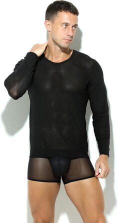 Чоловіча футболка з довгим рукавом, прозора, сітчаста, облягаюча, чорна (XXL)