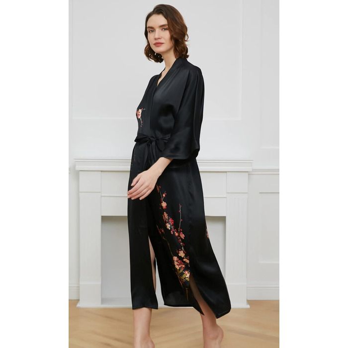 Шовковий халат-кімоно Ledamon для жінок, 100% шовк, квітковий дизайн, універсальний розмір, чорний колір