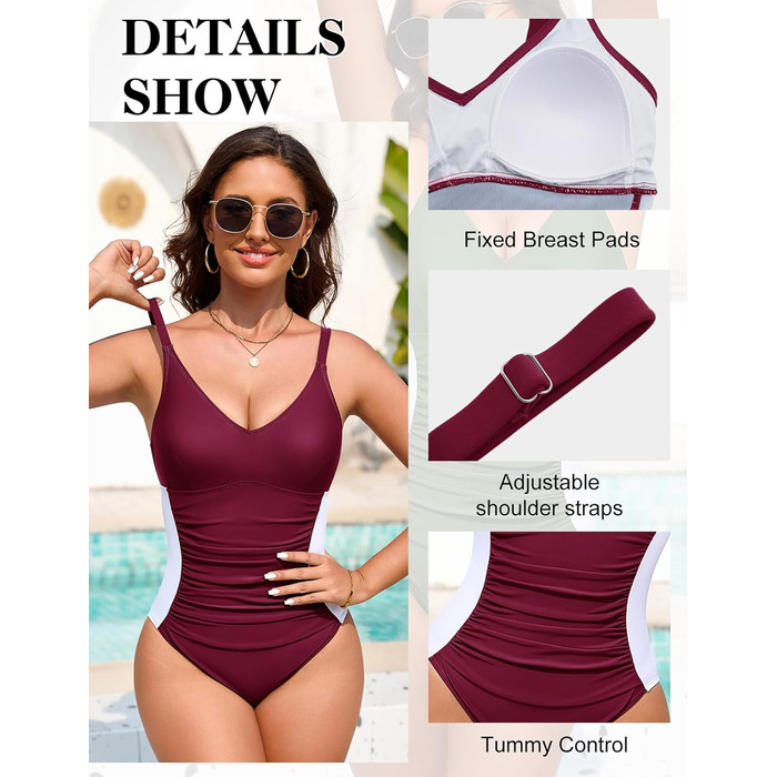 Світшот для жінок Badeanzug: фігуроформуючий купальник з V-подібним вирізом, посилені бретельки, бокові шнурівки (пурпурно-червоний, L)
