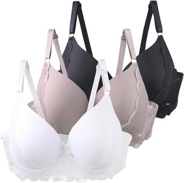 3 шт. бюстгальтери XCXC для жінок з кісточками, великі розміри, Push-Up, мереживо, регульовані бретелі, дихаючі, комфортні, для щодня та відпочинку (білий+хакі+чорний), 95C