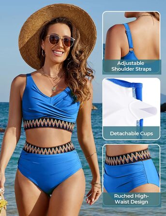 БІКІНІ Дамський Набір з Високою Талією, Бандо, Роздільний, Сексуальний V-Подібний Виріз, Пуш-Ап, Кольоровий Полосатий, Пляжний, Великі Розміри (Темно-синій, XL)