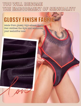 Боді для чоловіків AIEOE - сексуальний, прозорий боді, топ-майка, масло блиск, без рукавів, білизна, танга (червоний)