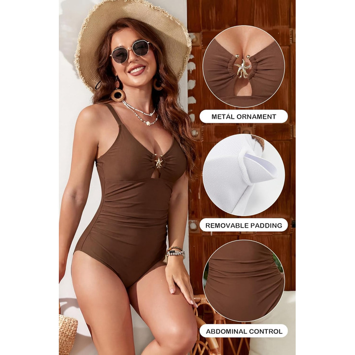 Купальник жіночий SHEKINI з вирізом, контролюючий живіт, сяючий рожевий (XXL, мідно-коричневий)