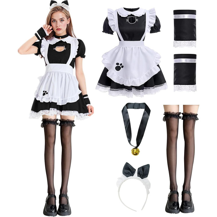 Костюм служниці YushengTai чорно-білий з котячим мотивом, для косплею, Хелловіну, Нового року, карнавалу. Розмір XXL