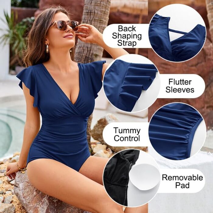GRACE KARIN Купальник суцільний з животом, V-подібний виріз, монокіні, фігуруючий верх, рукава-крила, літній, одноцільний (XL, Темно-синій)