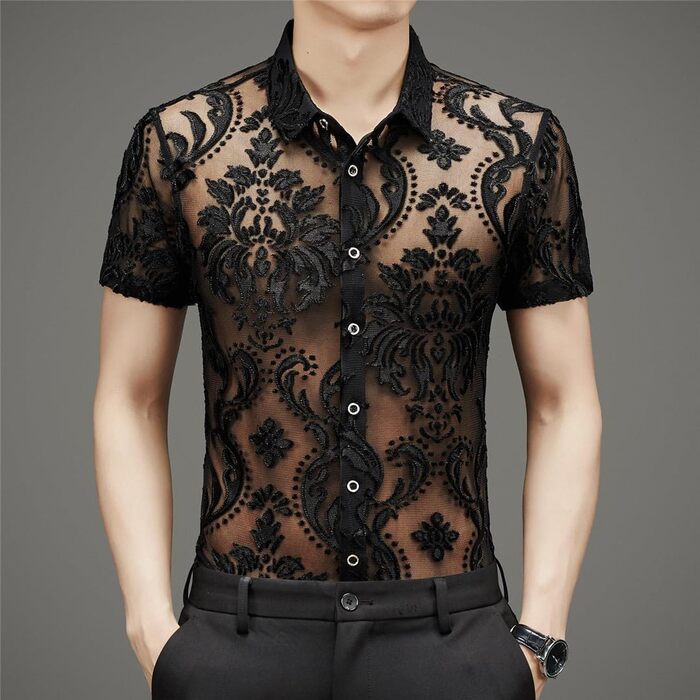 Чоловіча сорочка Yeuyyben чорна прозора з квітковим мереживом, сітка, короткі рукави, розмір XL