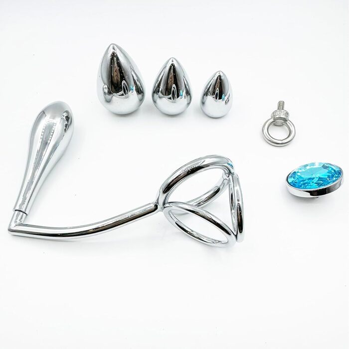 Анальний гачок ScreaAss з кільцем для пеніса, кільцем для яєчок та 4 анальними пробірками, набором для BDSM, металевий, срібний, 50 мм