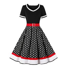 Сукня в стилі рокабіллі Odizli для жінок 50-х років. Короткий рукав, V-подібний виріз, принт у горошок, сукня-свінг для вечірки, весілля, чорна, розмір M