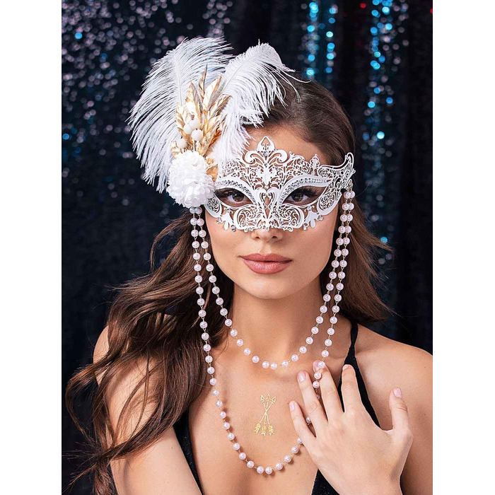 Маска для жінок IYOU, біла, з пір'ям та перловим намистом, для карнавалу, вечірки, балу