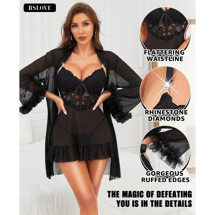 RSLOVE Комплект сексуальної білизни для жінок - мереживний комплект ніжної піжами, халат, 2-частинний неглиже, нічна сорочка, чорний M