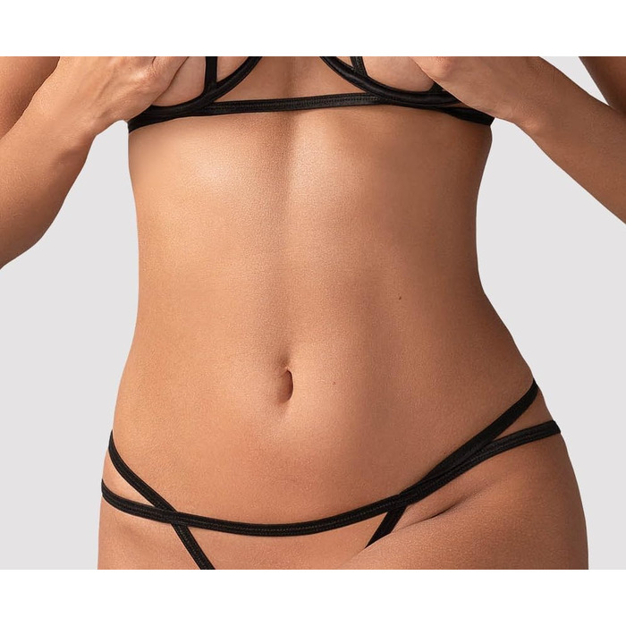 Сексуальний жіночий комплект білизни Selente Love & Fun: бюстгальтер, танга, пояс для живота (опціонально), шовкова маска для очей. Виготовлено в ЄС (S-M, чорний з бретельками, мереживний).