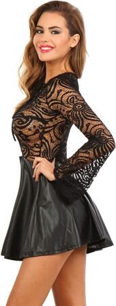 Мінісукня MISS NOIR з ефектом лакового покриття для вечірок - сексуальна сукня з гіпурової сітки з корсетом на шнурівці та розкльошеною спідницею, чорний, XL (19532-bk)