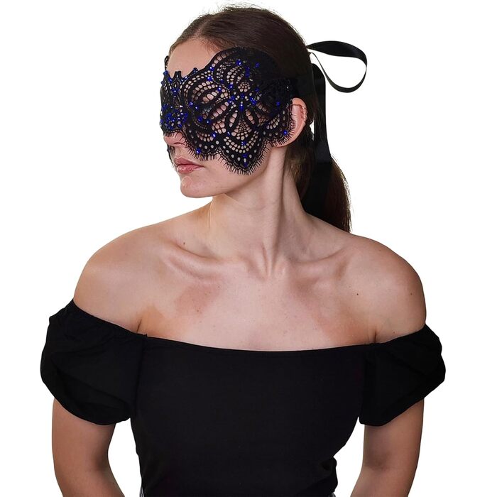 Чорна маска з мереживом та блакитними стразами для жінок - венеціанська маска для маскараду, карнавалу, Хелловіну, вечірки, Фашінгу, костюмного балу, ручної роботи, елегантна маска для очей чорного кольору (з блакитними стразами)