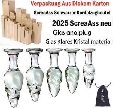 Скляний анальний плагін ScreaAss з спіраллю, набір 5 розмірів (31/35/40/50/60 мм), прозорий, для жінок та чоловіків