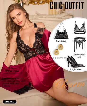 Сексуальна нічна сорочка Babydoll RSLOVE з мереживом та атласу, бордовий, розмір XXL