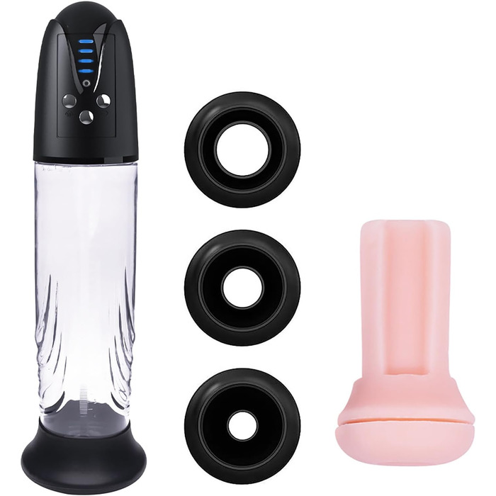 Електрична пеніс-насос з 4 рівнями інтенсивності та 4 режимами вакууму для збільшення пеніса. Мастурбатор з силіконовими насадками та сумкою