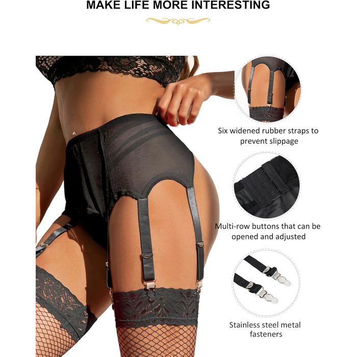 Гірчиця для панчіх Ohyeah Übergröße, мереживна, великий розмір з 6 ремінцями, кліпса для фіксації на стегнах, чорний, Medium-Large