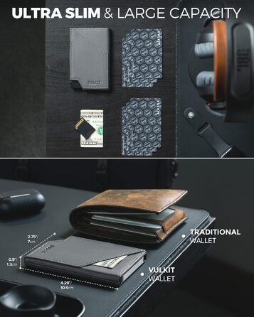 VULKIT Сліманий металевий картхолдер з RFID-захистом та Pop-up механізмом, гаманець з відділенням для купюр та монет, сірий