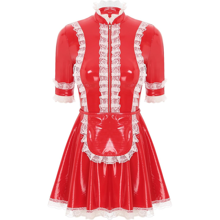 Костюм горничної MSemis: сексуальний набір нижньої білизни з ефектом мокрого блиску, готичний стиль, французький, косплей (XL, червоний)