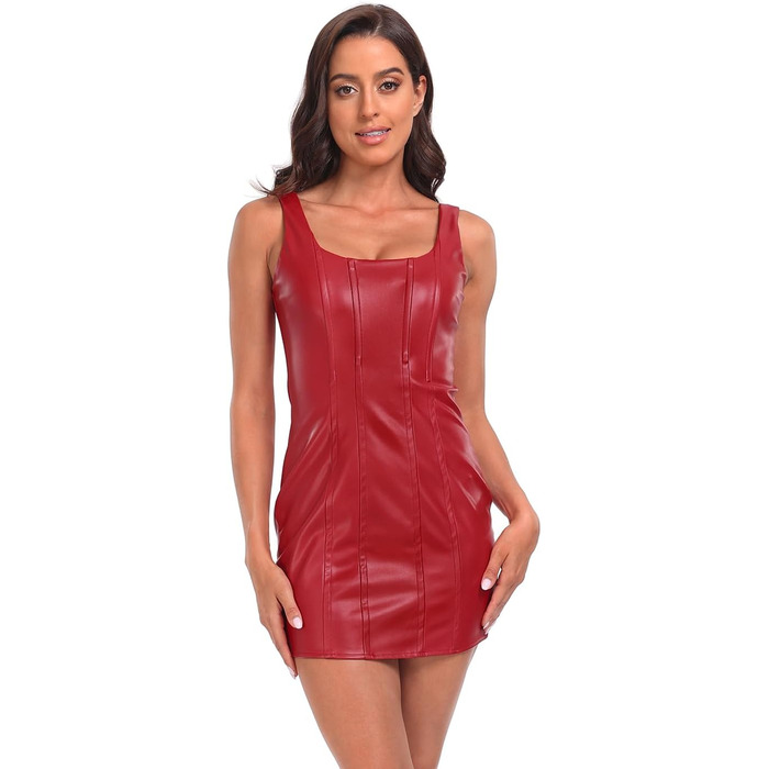 Міні-сукня з екошкіри з квадратним вирізом, червона, для вечірок та клубів (L)