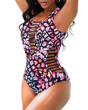 Світшотний купальник Aqua Eve для жінок з глибоким V-подібним вирізом та вирізами, неонове леопардове забарвлення (XL)