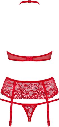 Сексуальний комплект стрінгів та стрічок для бюстгальтера з глибоким вирізом Obsessive, червоний, мереживний, прозорий, S-M